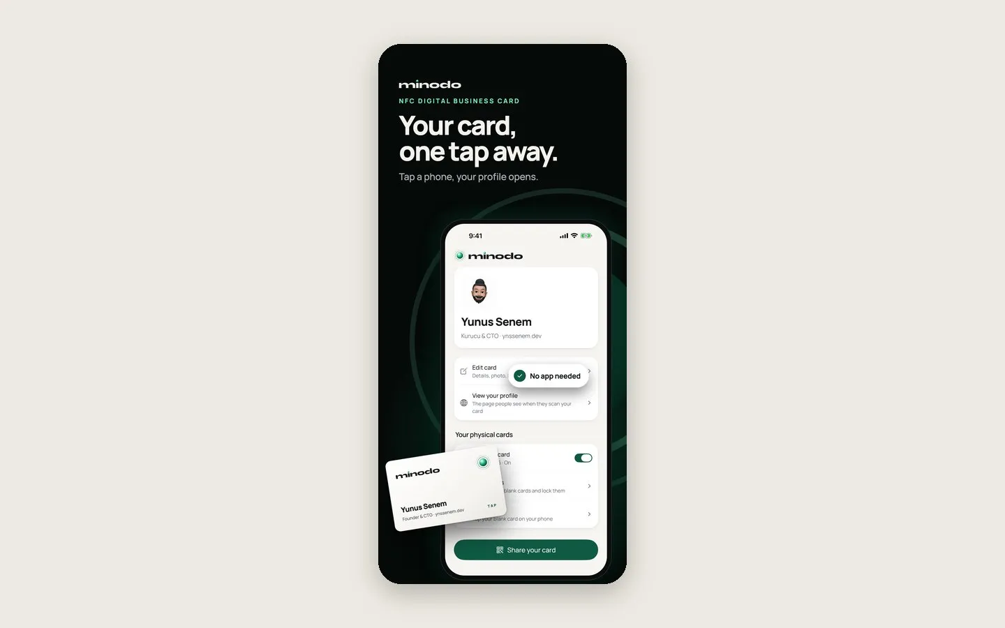 Minodo home screen with a physical NFC card next to the phone