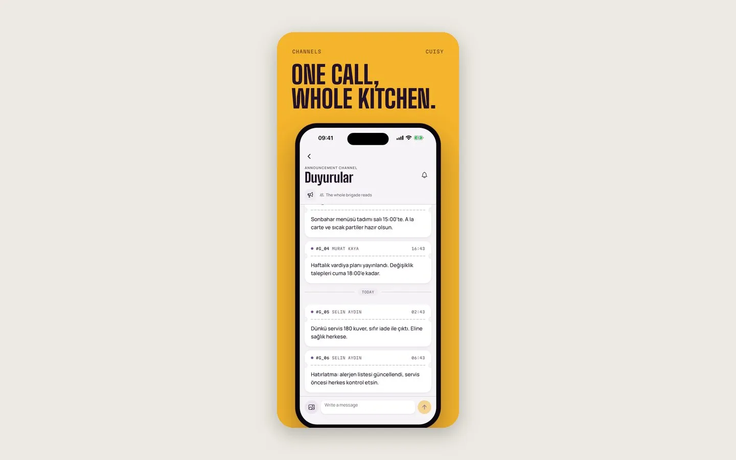 Cuisy announcement channel with messages from the chefs