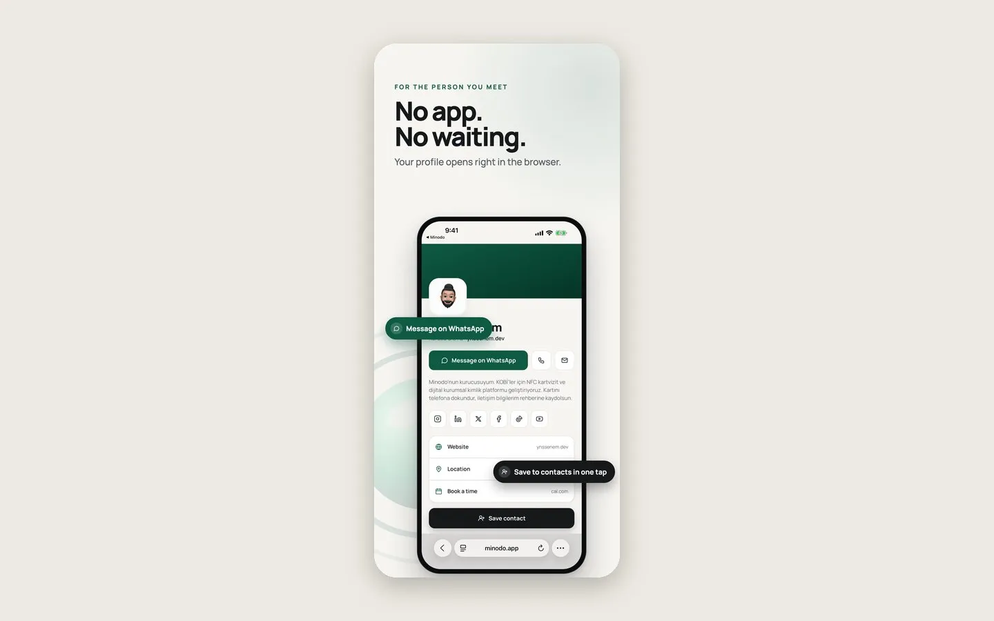 A Minodo profile opened in the browser with WhatsApp and save-contact buttons