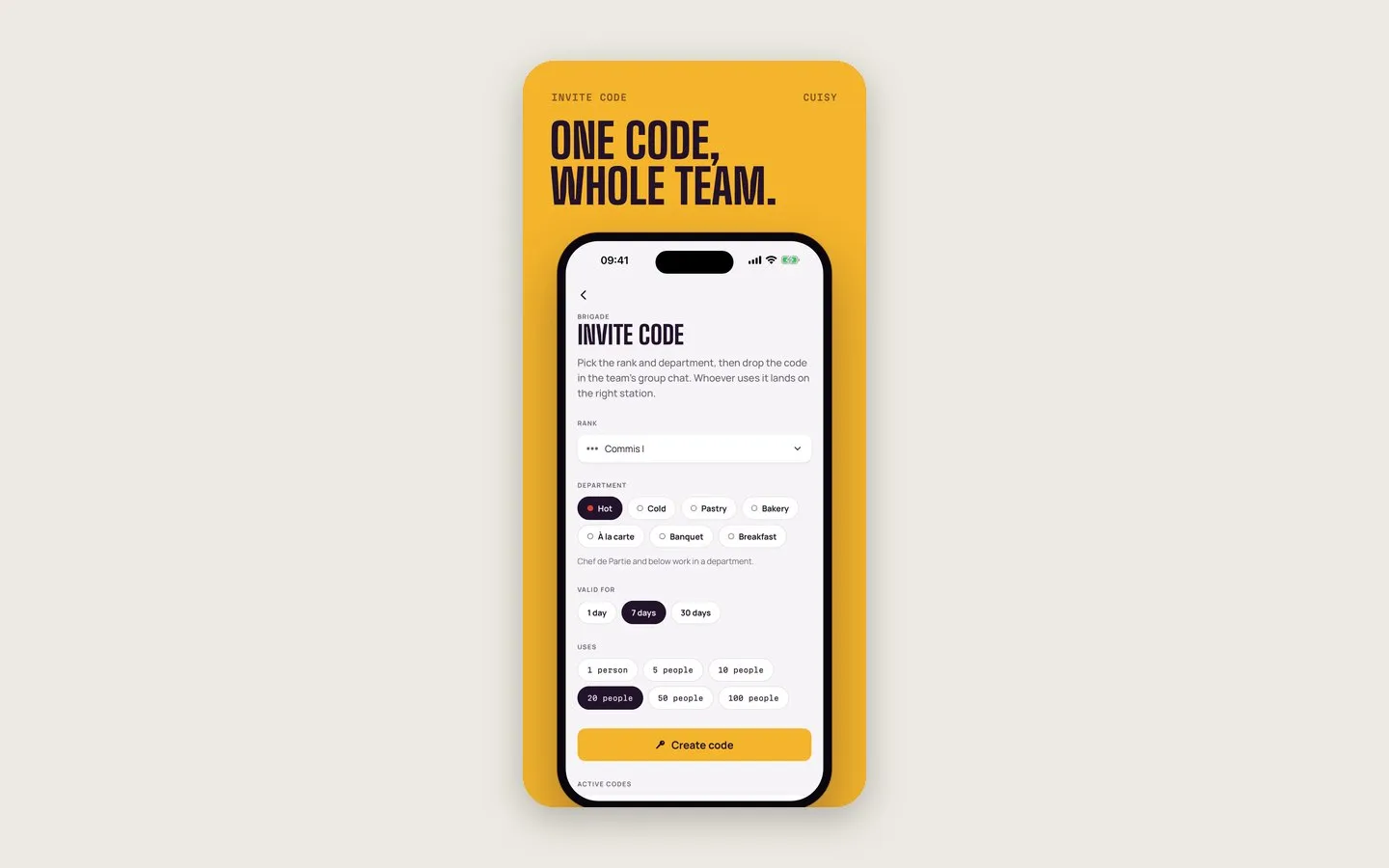 Cuisy invite-code screen with rank, department and validity