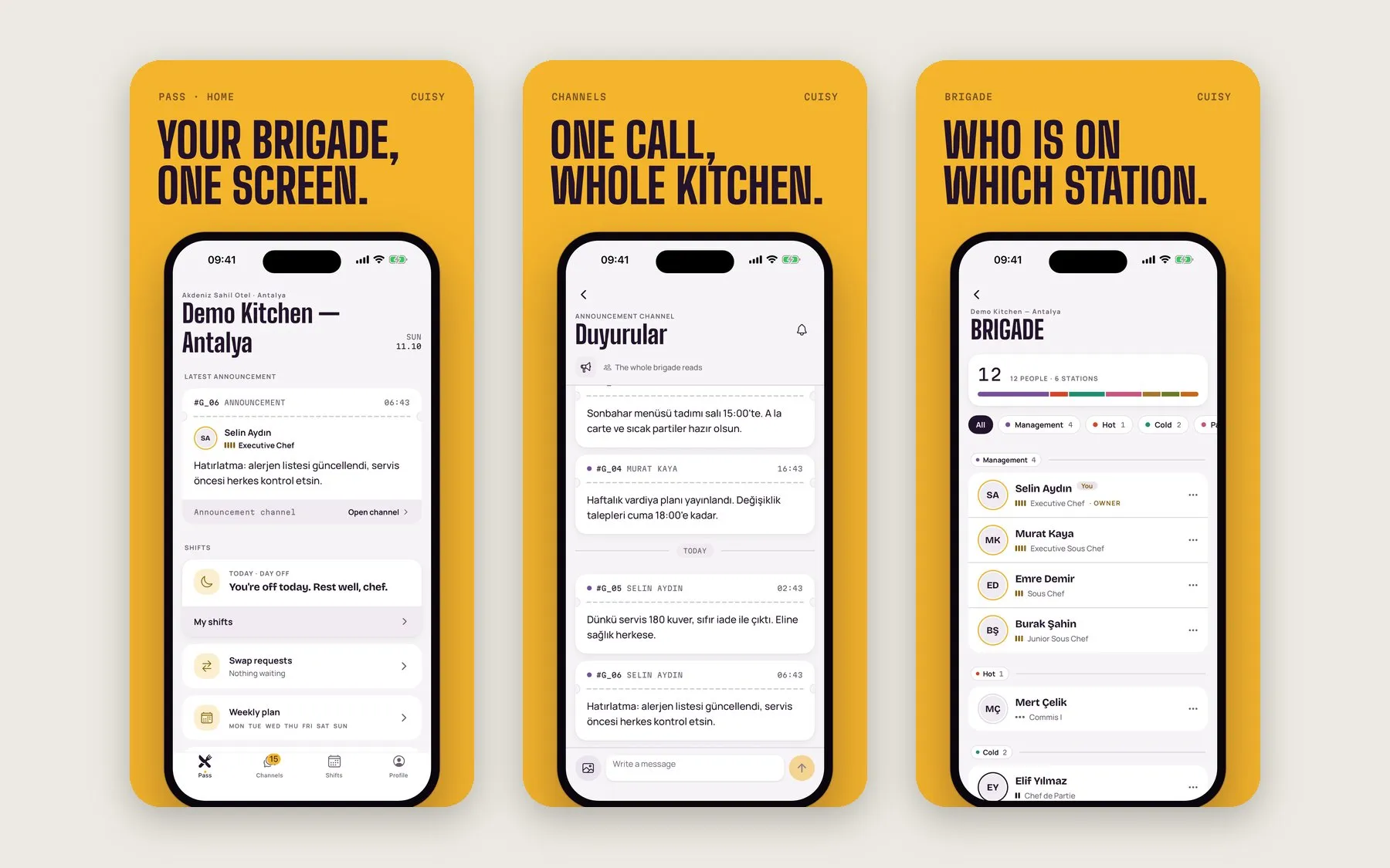 Three Cuisy screens: the kitchen home, the announcement channel and the brigade list