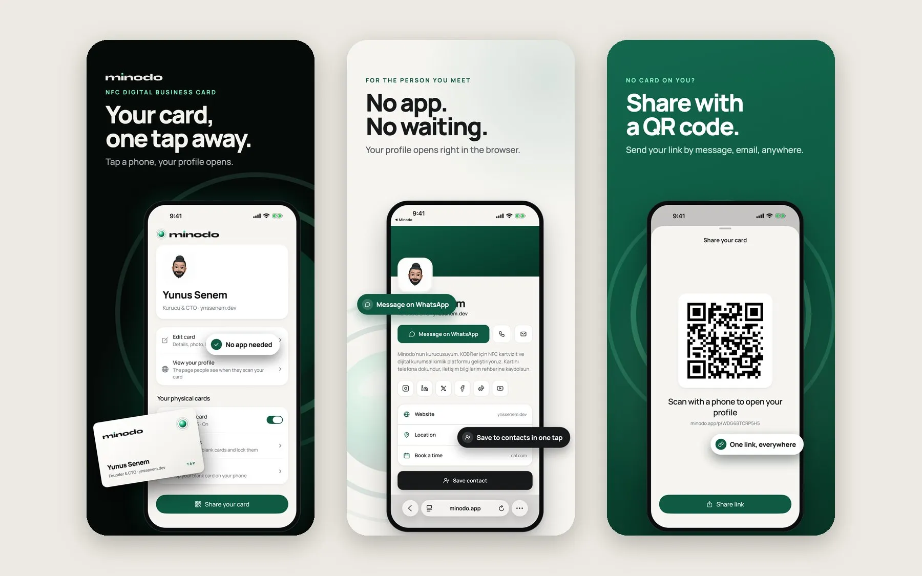 Three Minodo screens: the profile editor, the profile that opens in the browser, and the QR share sheet