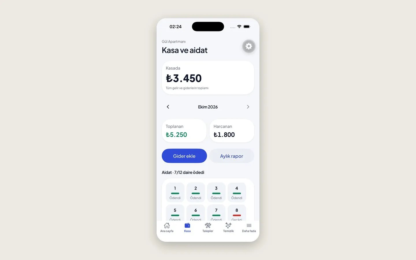 Aidexy cash box with collected and spent totals and a dues grid by flat (Turkish interface)