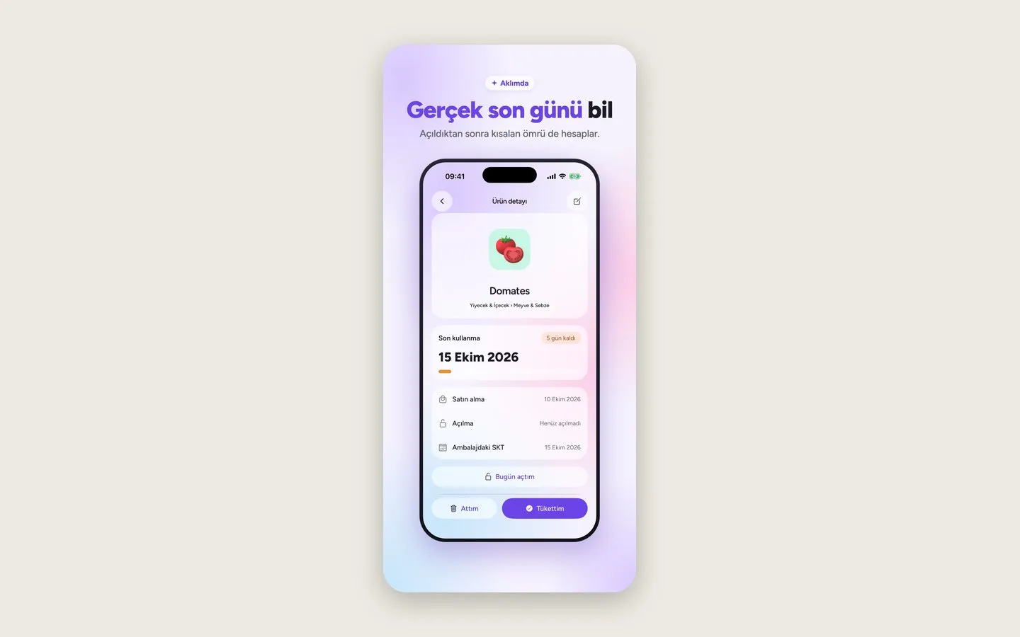 Aklımda product detail with the expiry date and days left (Turkish interface)