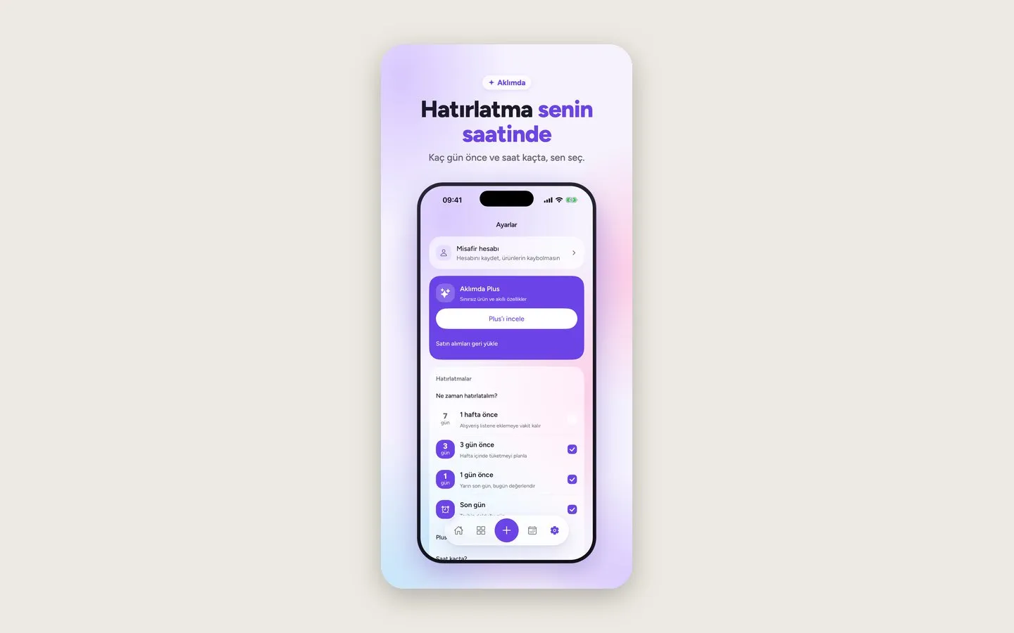 Aklımda reminder settings and the Plus plan (Turkish interface)