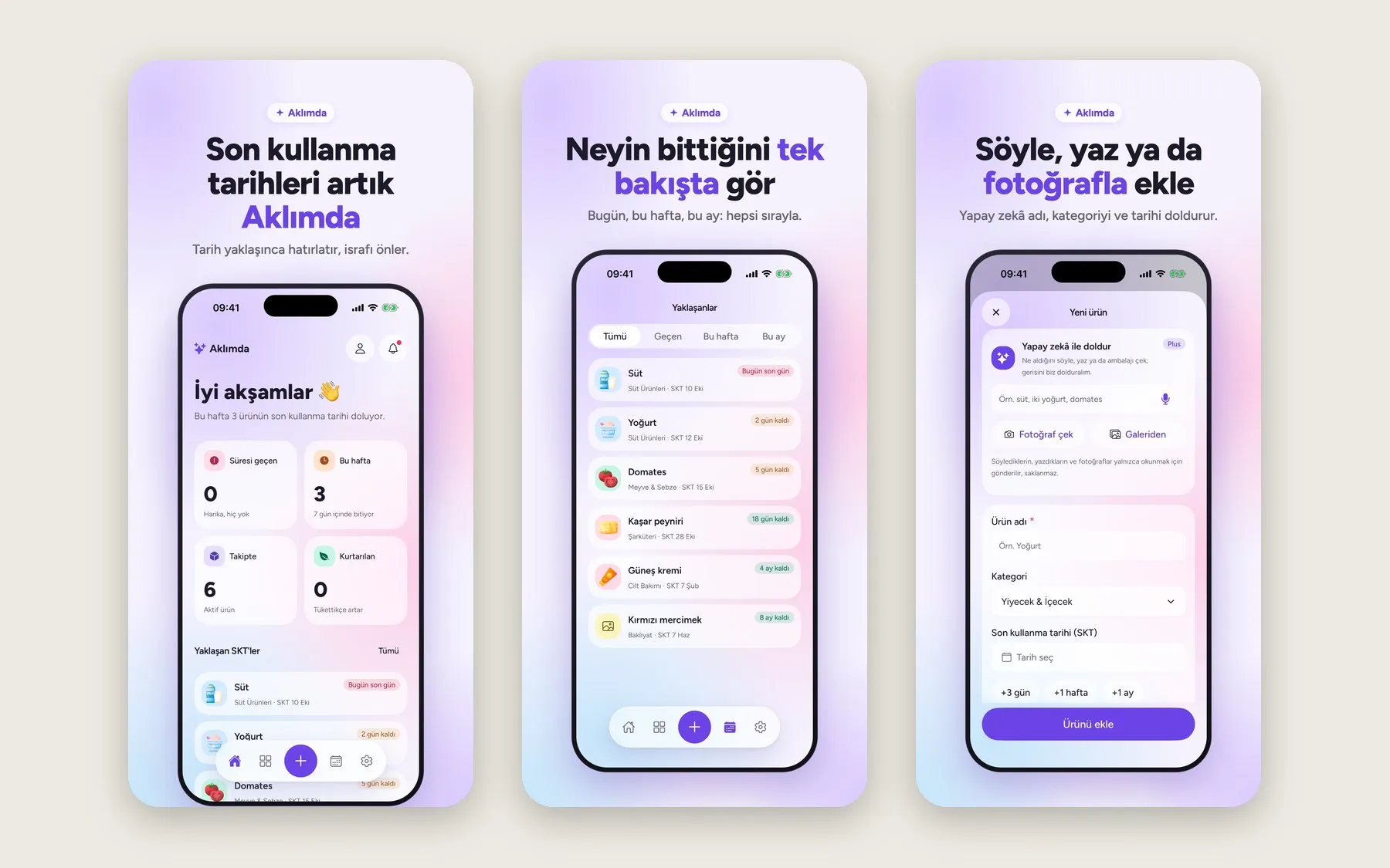 Three Aklımda screens: the home summary, the upcoming expiry list and the add-product form