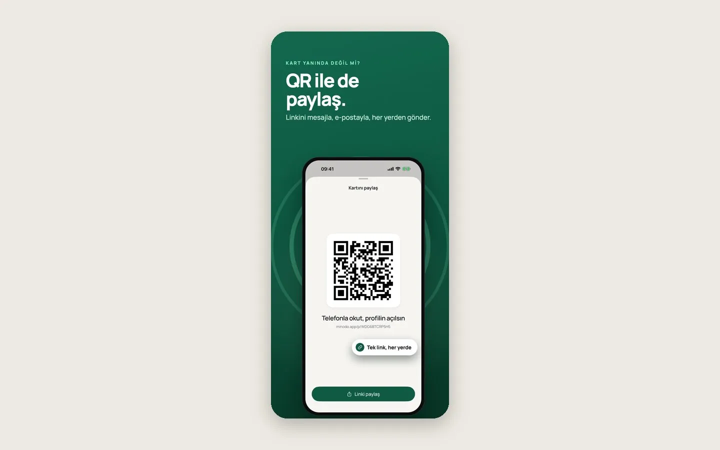 QR kod ve bağlantı paylaşma düğmesiyle Minodo paylaşım ekranı