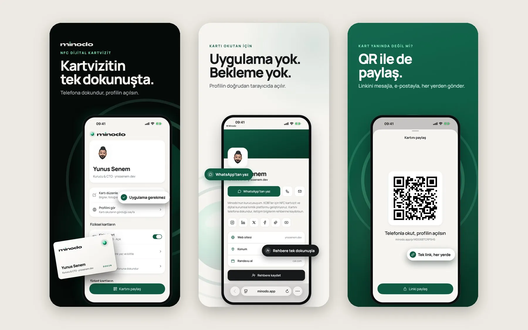 Üç Minodo ekranı: profil düzenleme, tarayıcıda açılan profil ve QR ile paylaşım